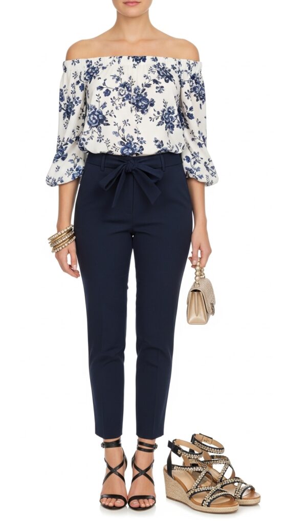 15 Stylish Navy Pants Outfits for Effortless Elegance 12 Off-Shoulder Top and Strappy Sandals