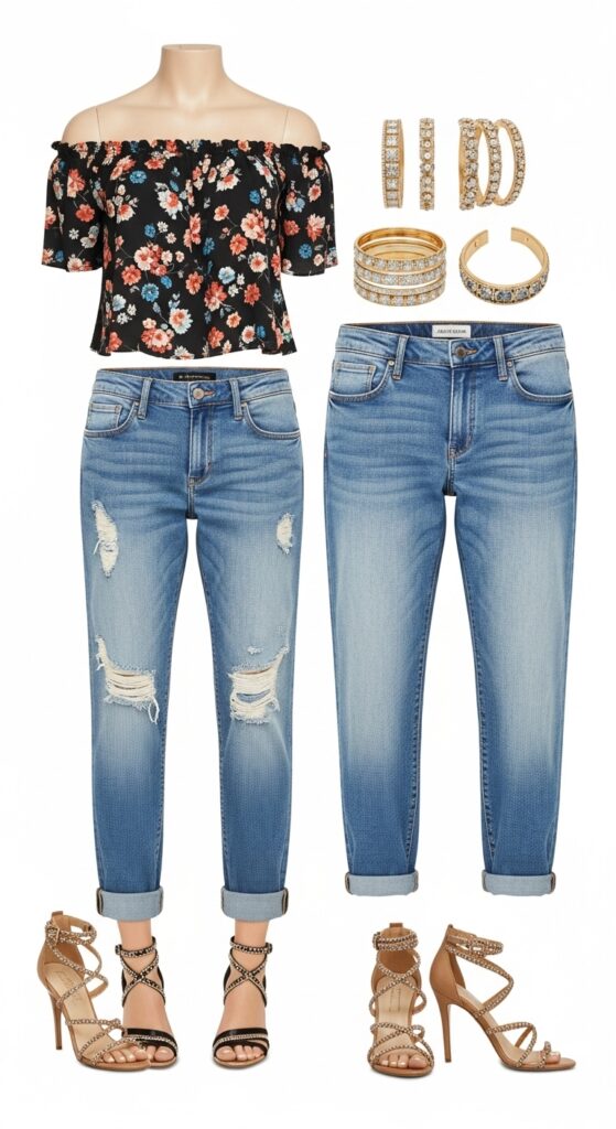 14 Trendy Boyfriend Jeans Outfits for Pinterest-Perfect Style 12 Off-Shoulder Top and Strappy Sandals