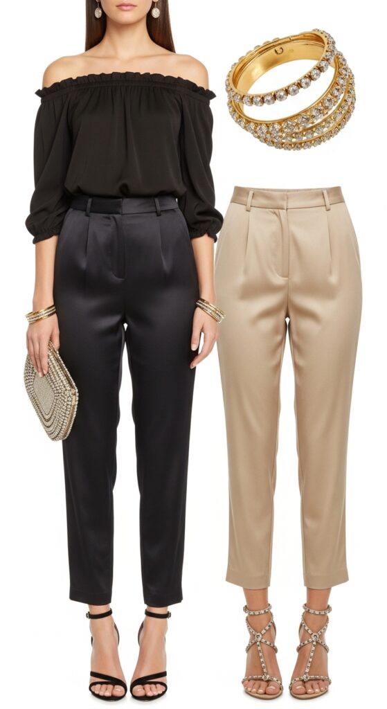 12 Glamorous Satin Pants Outfits for Timeless Style with Chic Season Style 12 Off-Shoulder Top and Strappy Sandals