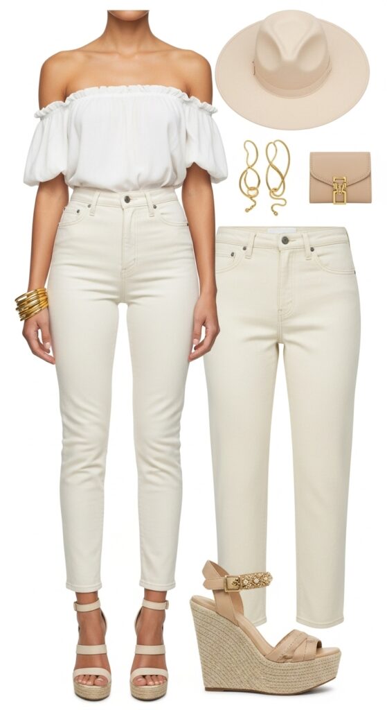 10 Chic Cream Jeans Outfits to Inspire Your Wardrobe with Chic Season Style 11 Off-Shoulder Top and Wedge Sandals for Summer