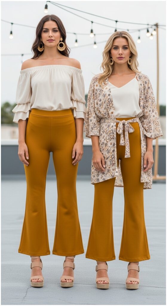 9 Bold Mustard Pants Outfits to Elevate Your Style with Chic Season Style 8 Off-Shoulder Top and Wedge Sandals for Summer Nights