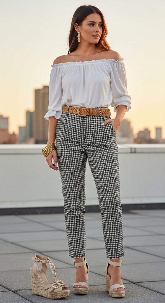 15 Chic Houndstooth Pants Outfits to Rock This Season with Chic Season Style 9 Off-Shoulder Top and Wedges for Summer Evenings
