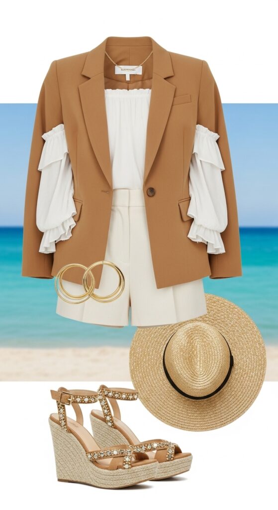 10 Chic Camel Blazer Outfits to Transform Your Wardrobe with Chic Season Style 10 Off-Shoulder Top and Wedges for Summer Vibes