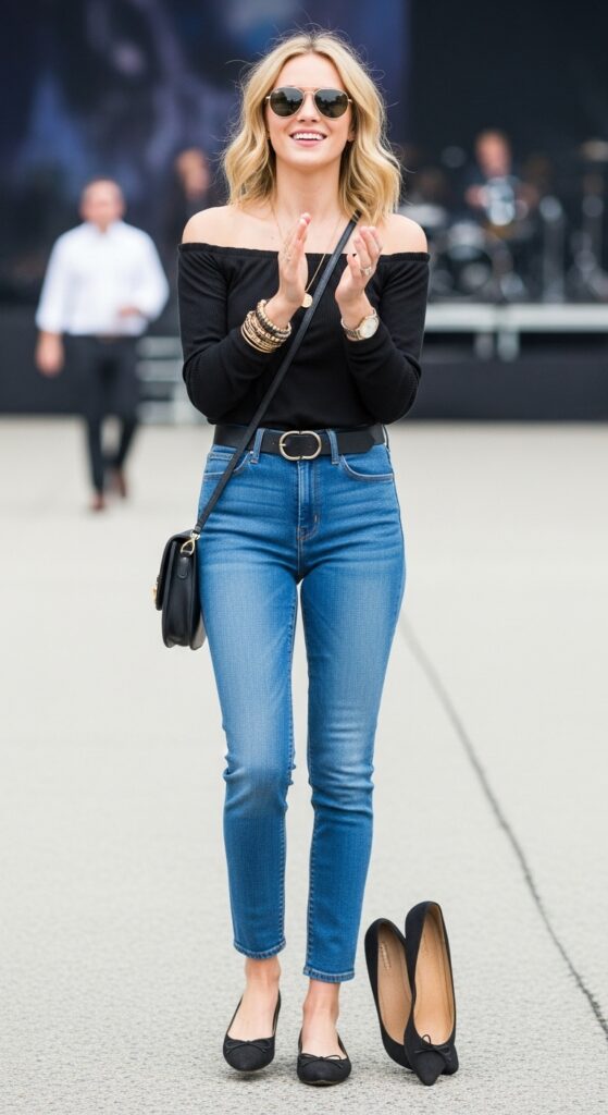 What to Wear to a Journey Concert: 18 Fashionable Outfit Ideas for the Ultimate Concert Experience 12 Off-Shoulder Top with Blue Jeans