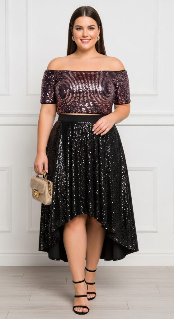 Off-the-Shoulder Sequin Top & High-Waisted Skirt