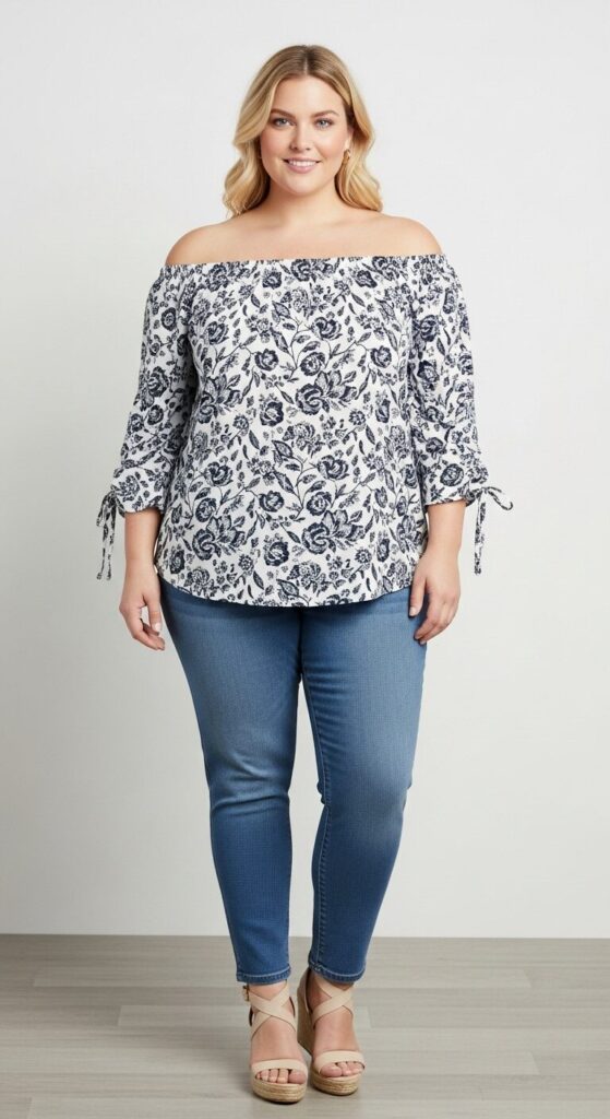11 Essential Plus Size Spring Outfits to Try This Year 11 Off-the-Shoulder Top & Jeans