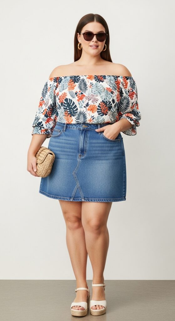 12 Chic Plus-Size Summer Outfits Every Curvy Woman Needs This Year 5 Off-the-Shoulder Top and Denim Skirt Fun and Flirty