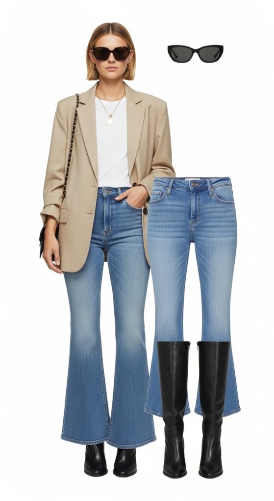 18 Flare Jeans Outfits for U.S. Women in 2025 9 Office Chic Beige Blazer & Light Wash Flares