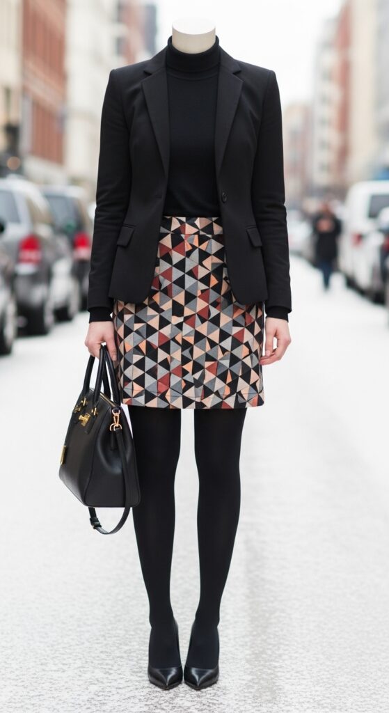 13 Trendy Winter Skirt Outfits That’ll Keep You Warm and Stylish 14 Office Chic Blazer and Geometric Skirt