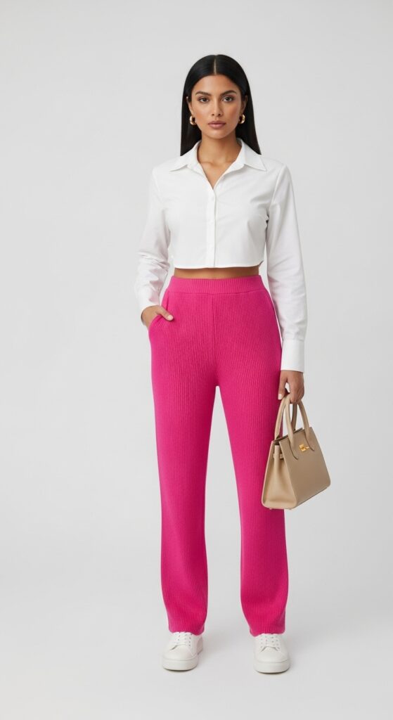 25 Pink Pants Outfits to Steal the Spotlight 10 Office Chic White Collared Shirt & Hot Pink Ribbed Pants
