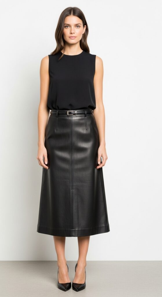 22 Leather Skirt Outfits for an Edgy, Cool Vibe 10 Office Edge Black Sleeveless Top & Black Leather Midi