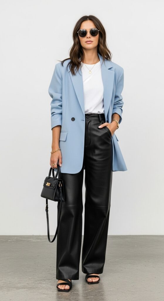 20 Leather Pants Outfits to Slay Every Occasion 9 Office Edge Light Blue Blazer & Black Leather Pants