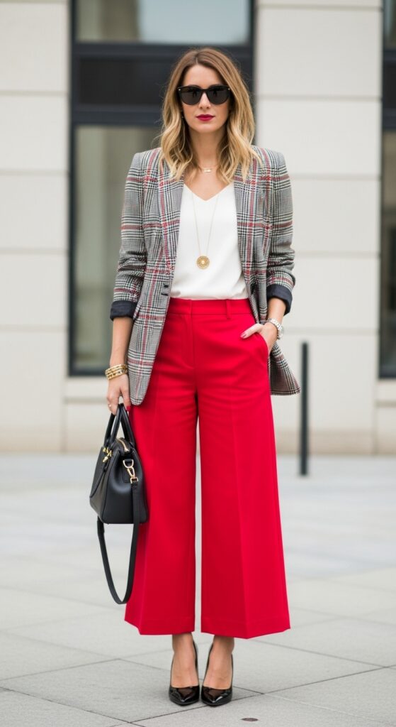19 Red Pants Outfits to Ignite Your Style 9 Office Edge Plaid Blazer & Red Wide-Leg Pants