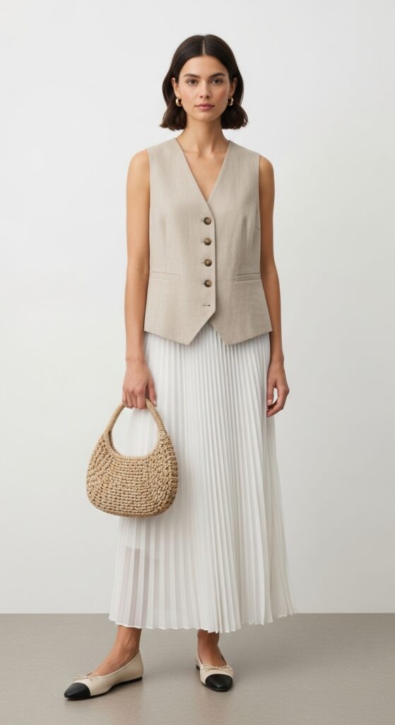 28 Pleated Skirt Outfits to Nail Effortless Chic 10 Office Elegance Beige Linen Vest & White Pleated Maxi