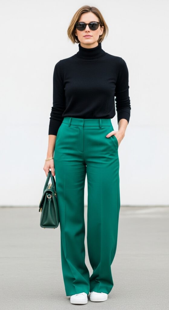 20 Green Pants Outfits to Elevate Your Style 10 Office Elegance Black Turtleneck & Emerald Wide-Leg Trousers