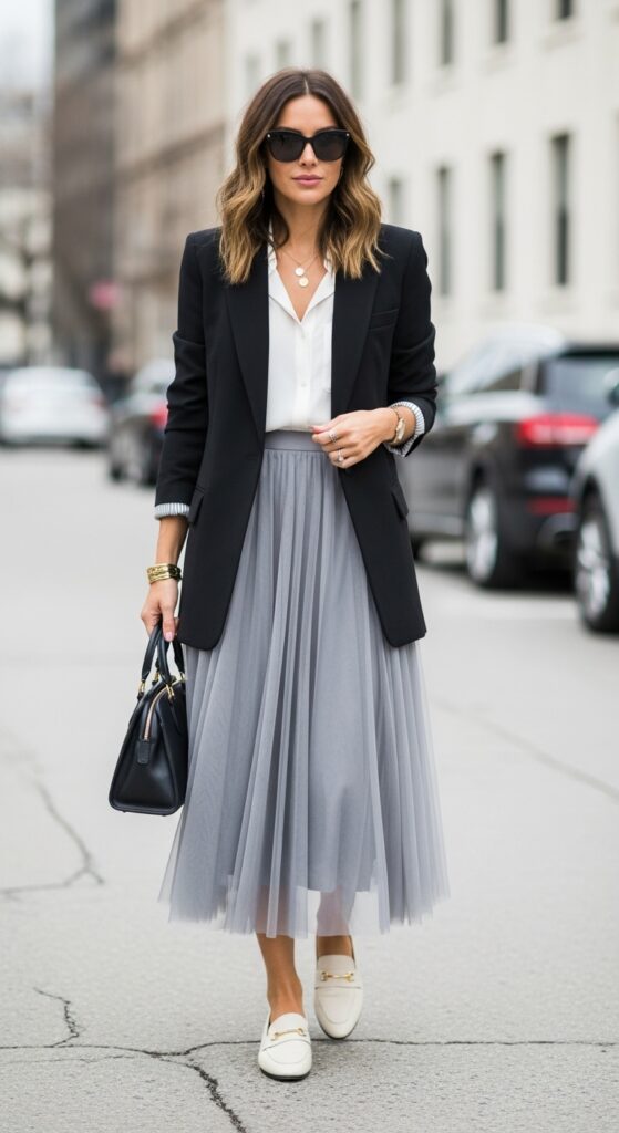 21 Stunning Tulle Skirt Outfit Ideas for U.S. Women in 2025 10 Office Glam Black Blazer & Gray Tulle Midi