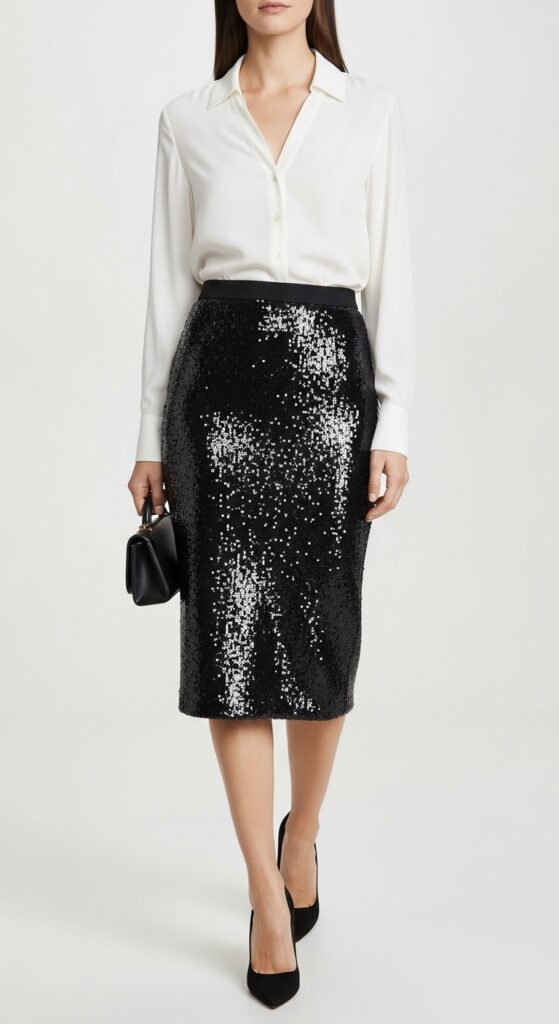 18 Stunning Sequin Skirt Outfits for U.S. Women in 2025 9 Office Sparkle White Silk Blouse & Black Sequin Pencil