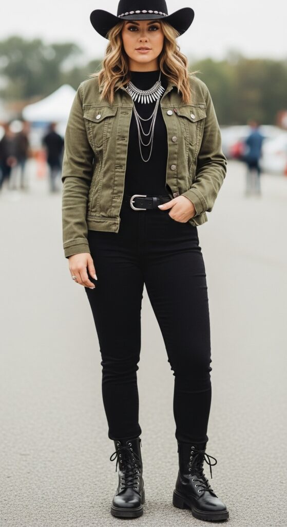 12 Plus Size Boho Western Winter Outfits for Country Concerts with Chic Season Style 7 Olive Denim Jacket and Pants for Dancing Nights