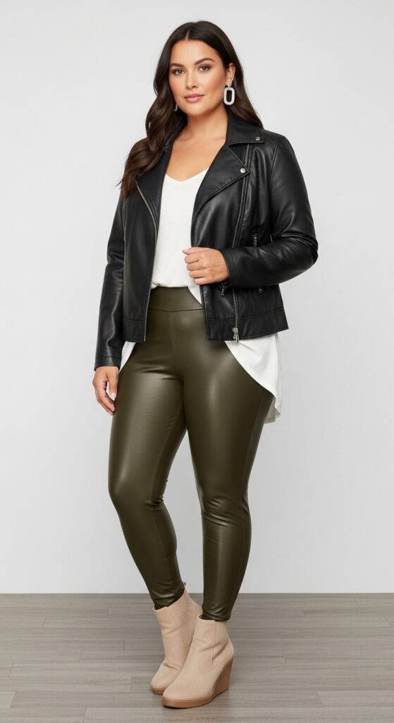 Olive Faux Leather Leggings and Jacket for Evening Dinners