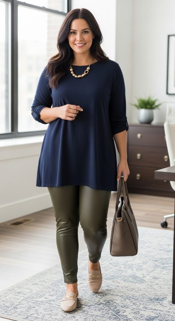 Olive Faux Leather Leggings and Tunic for Office Chic