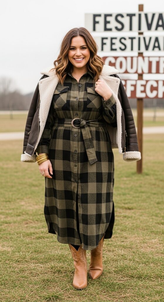 12 Plus Size Boho Western Winter Outfits for Country Concerts with Chic Season Style 13 Olive Flannel Dress and Boots for Festival Vibes
