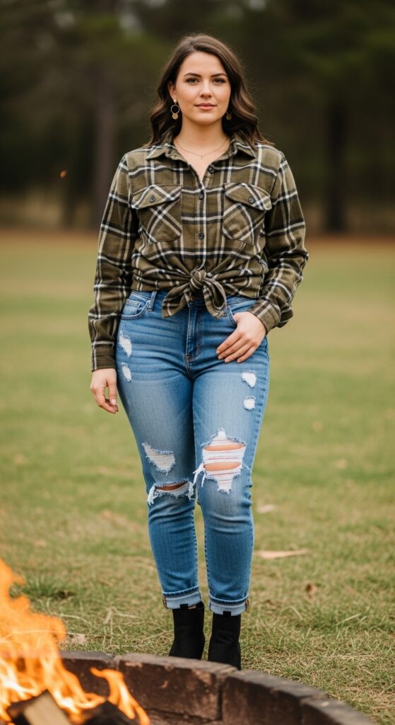 12 Plus Size Boho Western Winter Outfits for Country Concerts with Chic Season Style 4 Olive Flannel Shirt and Jeans for Casual Vibes