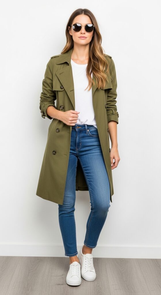 22 Stylish Trench Coat Outfits to Revamp Your Wardrobe 9 Olive Green Trench with White Tee and Denim