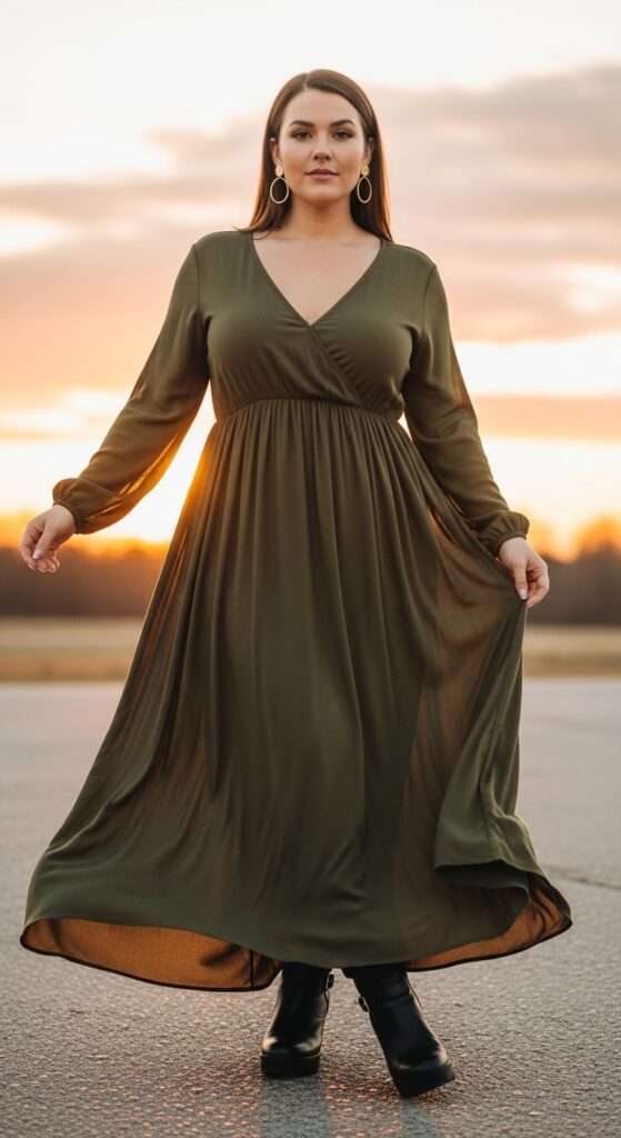 12 Plus Size Boho Western Winter Outfits for Country Concerts with Chic Season Style 10 Olive Maxi Dress and Boots for Evening Concerts