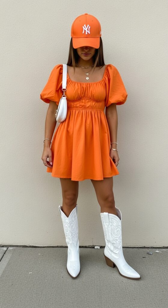 Orange Puff Sleeve Dress, Baseball Cap & Cowboy Boots