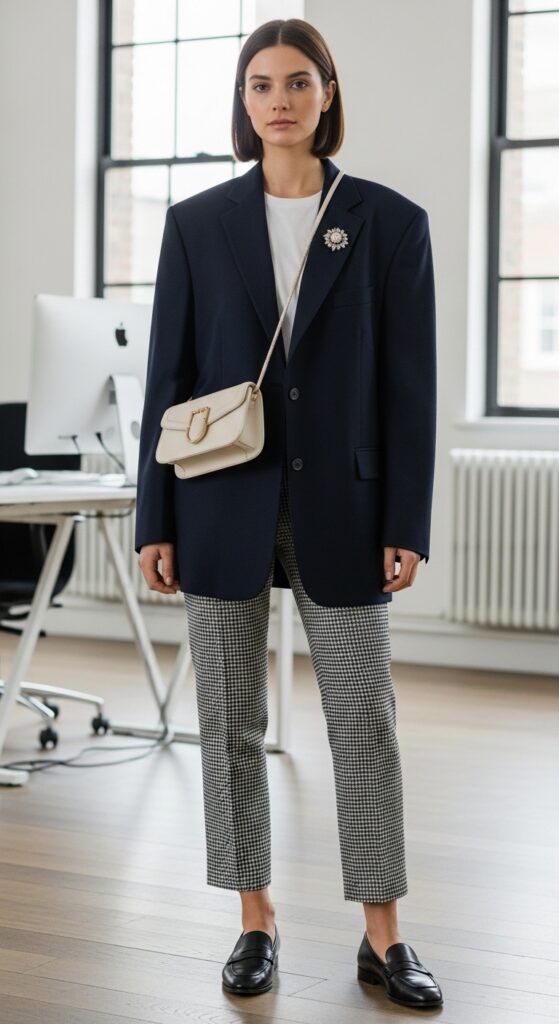 15 Chic Houndstooth Pants Outfits to Rock This Season with Chic Season Style 7 Oversized Blazer and Loafers for Work-Chic