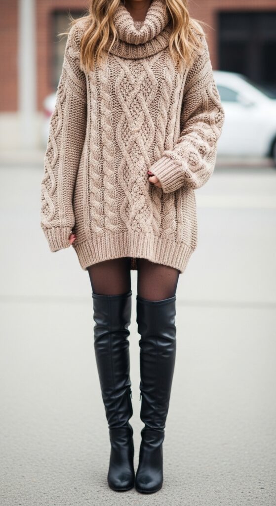 16 Chic Outfits with Tights: Elevate Your Cold-Weather Style 15 Oversized Cable Knit Sweater and Knee-High Boots