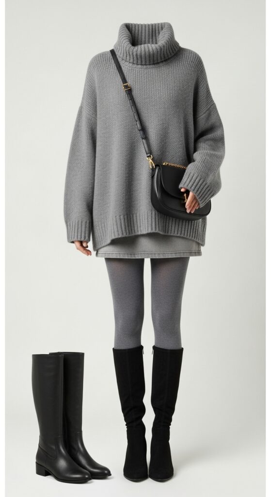 20 Cozy and Chic Sweater Outfit Ideas You’ll Want to Wear All Season Long 6 Oversized Gray Sweater and Mini Skirt