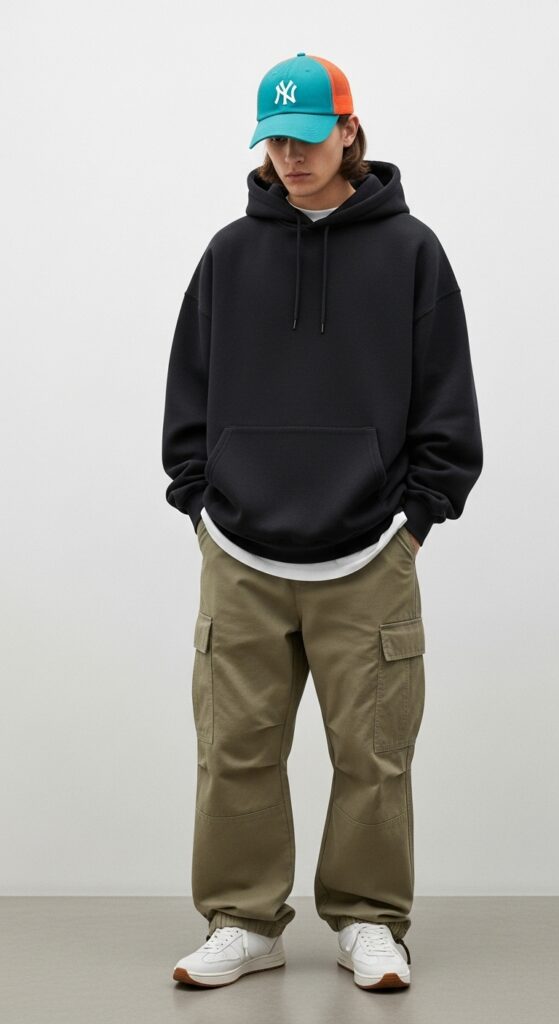 Oversized Hoodie & Cargo Pants with a Colorful Cap