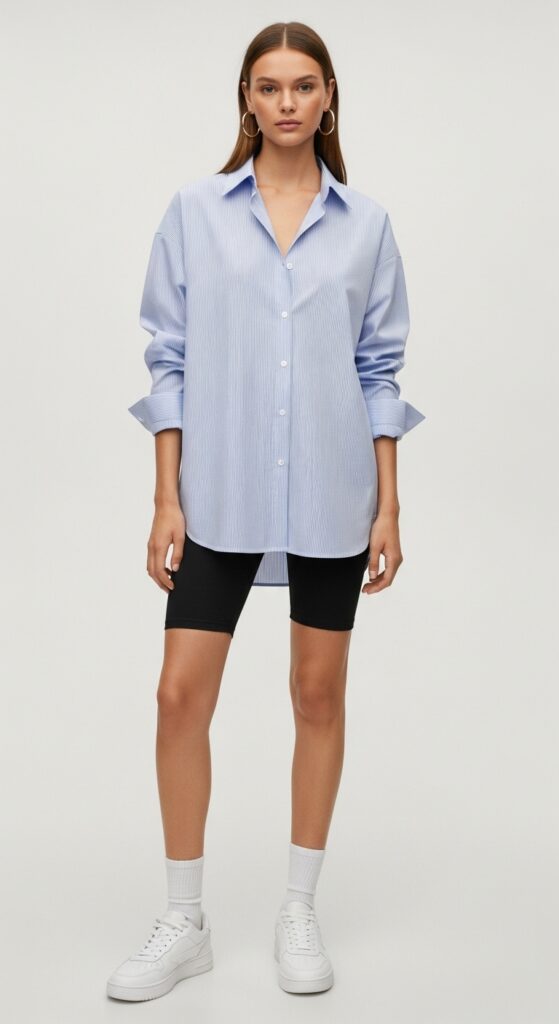 15 Chic White Sneaker Outfits to Elevate Your Everyday Style 6 Oversized Shirt and Bike Shorts