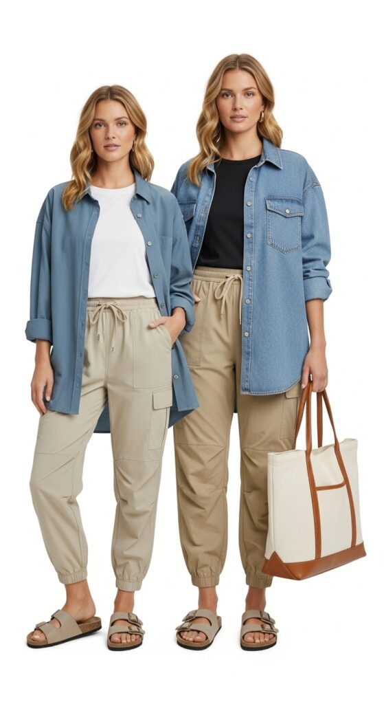 9 Cool Parachute Pants Outfits for Effortless Style with Chic Season Style 8 Oversized Shirt and Slide Sandals
