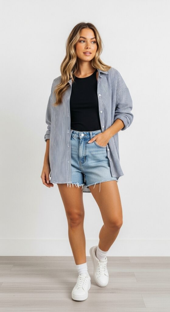 21 Stylish Denim Shorts Outfit Ideas 13 Oversized Shirt and Sneakers