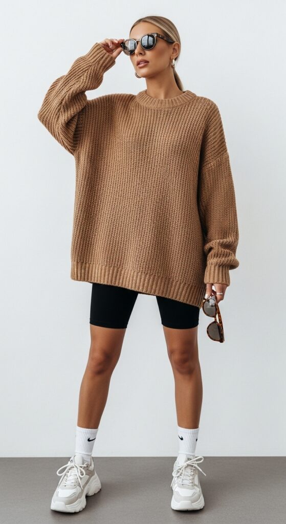 20 Bold Chunky Sneaker Outfits for a Standout Look 4 Oversized Sweater and Bike Shorts