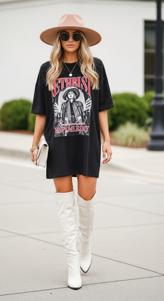 Oversized T-Shirt, Wide-Brim Hat & Knee-High Boots