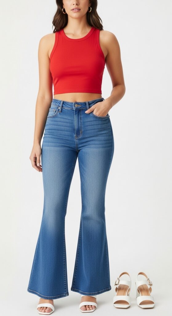 18 Flare Jeans Outfits for U.S. Women in 2025 6 Park Picnic Red Crop Top & High-Waisted Flares
