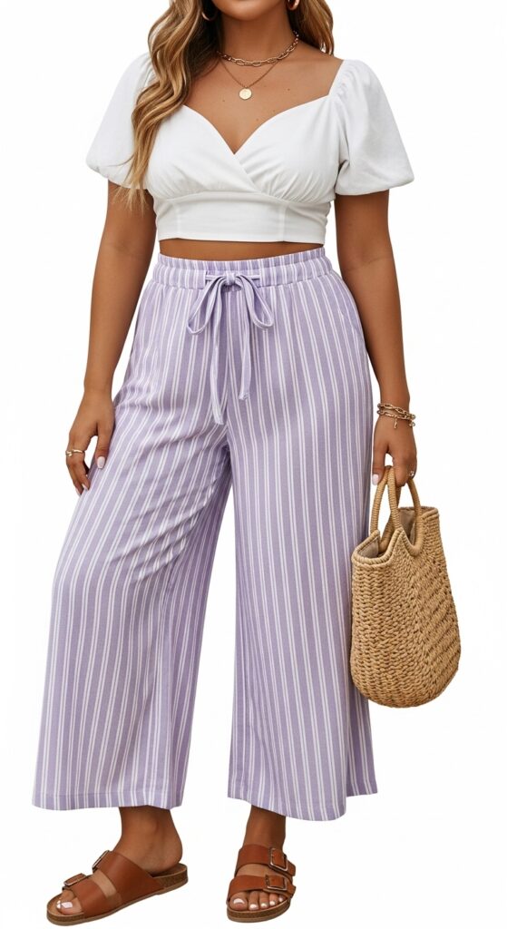 Park Stroll White Crop Top & Lavender Striped Pants
