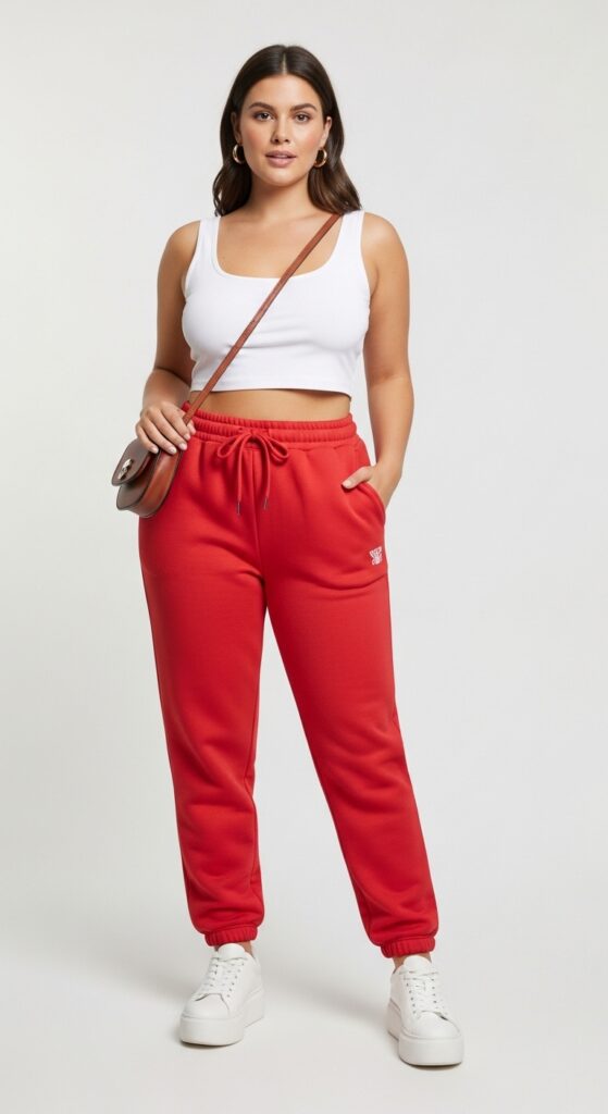 19 Red Pants Outfits to Ignite Your Style 6 Park Vibes White Crop Tank & Red Sweatpants