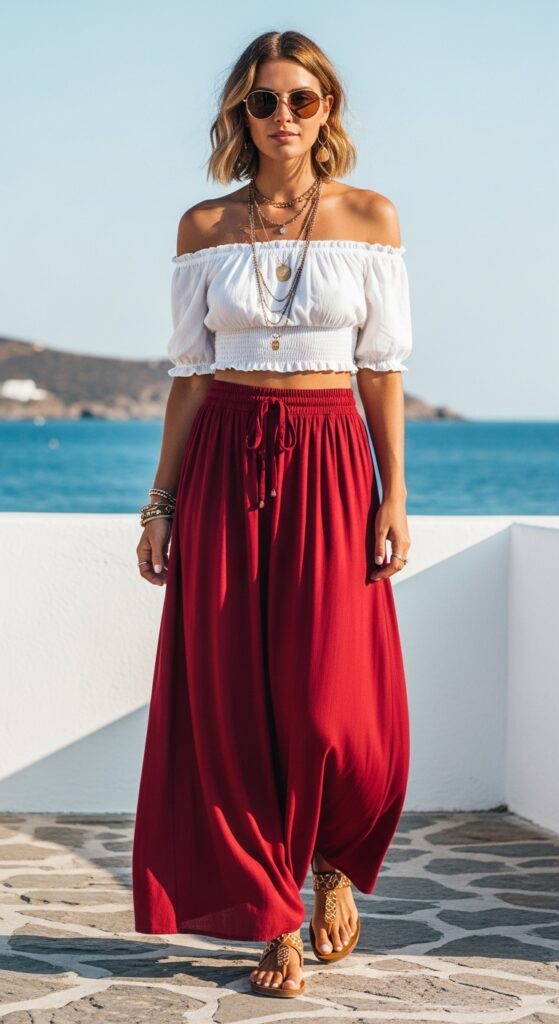 Paros Boho Off-Shoulder Crop Top & Maxi Skirt