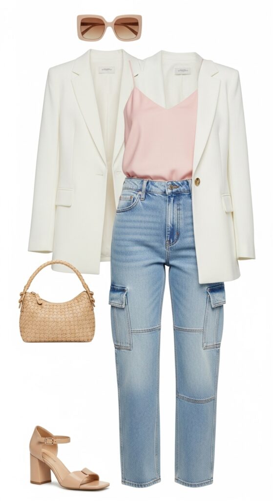 20 Chic White Blazer Outfits to Elevate Your Style 22 Pastel Blazer with Cargo Jeans