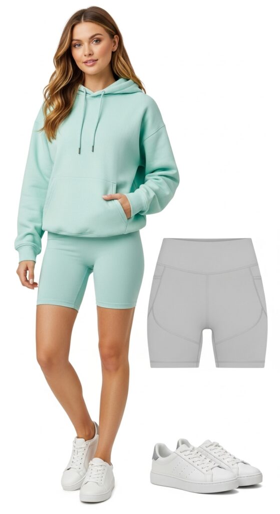20 Stylish Biker Shorts Outfits That'll Make You Feel Effortlessly Chic 11 Pastel Hoodie and White Sneakers