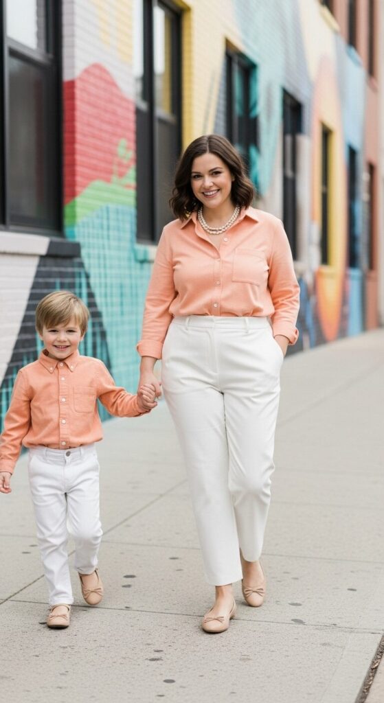 7 Plus Size Cotton Blend Spring Family Picture Outfits 6 Peach Cotton Blend Shirt and Trousers for City Strolls