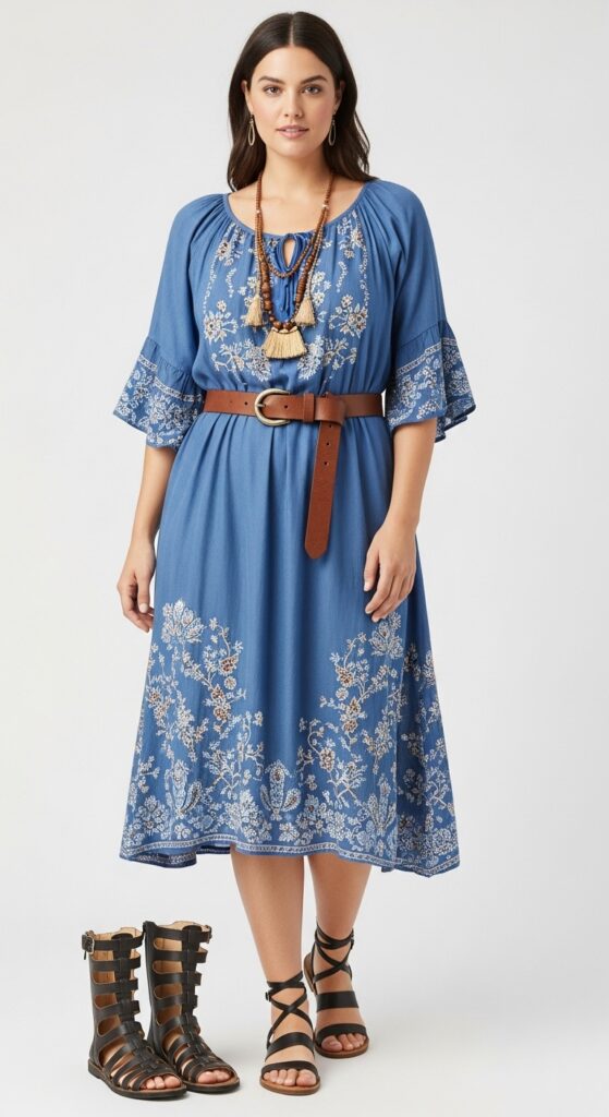 12 Boho-Chic Plus-Size Spring Outfits for a Relaxed, Bohemian Vibe 10 Peasant Dress and Gladiator Sandals Feminine and Free