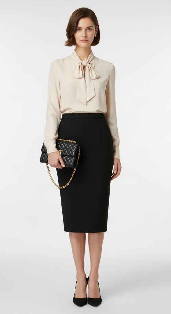 Pencil Skirt and Silk Blouse