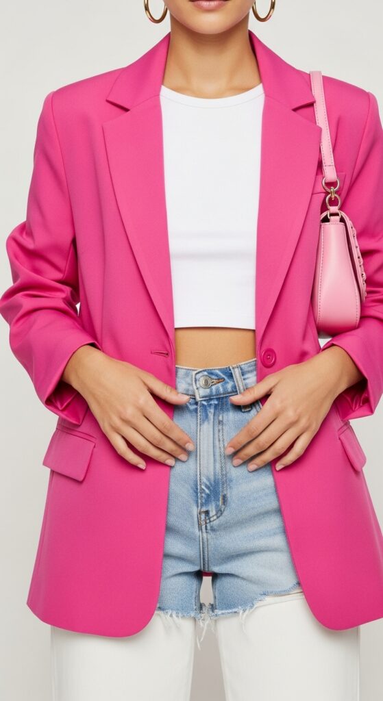 21 Stylish Denim Shorts Outfit Ideas 16 Pink Blazer and Crop Top