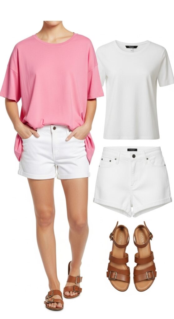 22 Stylish White Shorts Outfit Ideas You’ll Love This Summer 19 Pink Oversized T-Shirt and White Denim Shorts