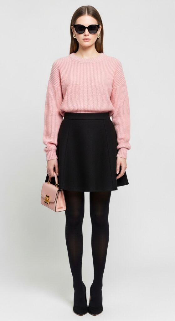 20 Cozy and Chic Sweater Outfit Ideas You’ll Want to Wear All Season Long 15 Pink Sweater with Black Skirt